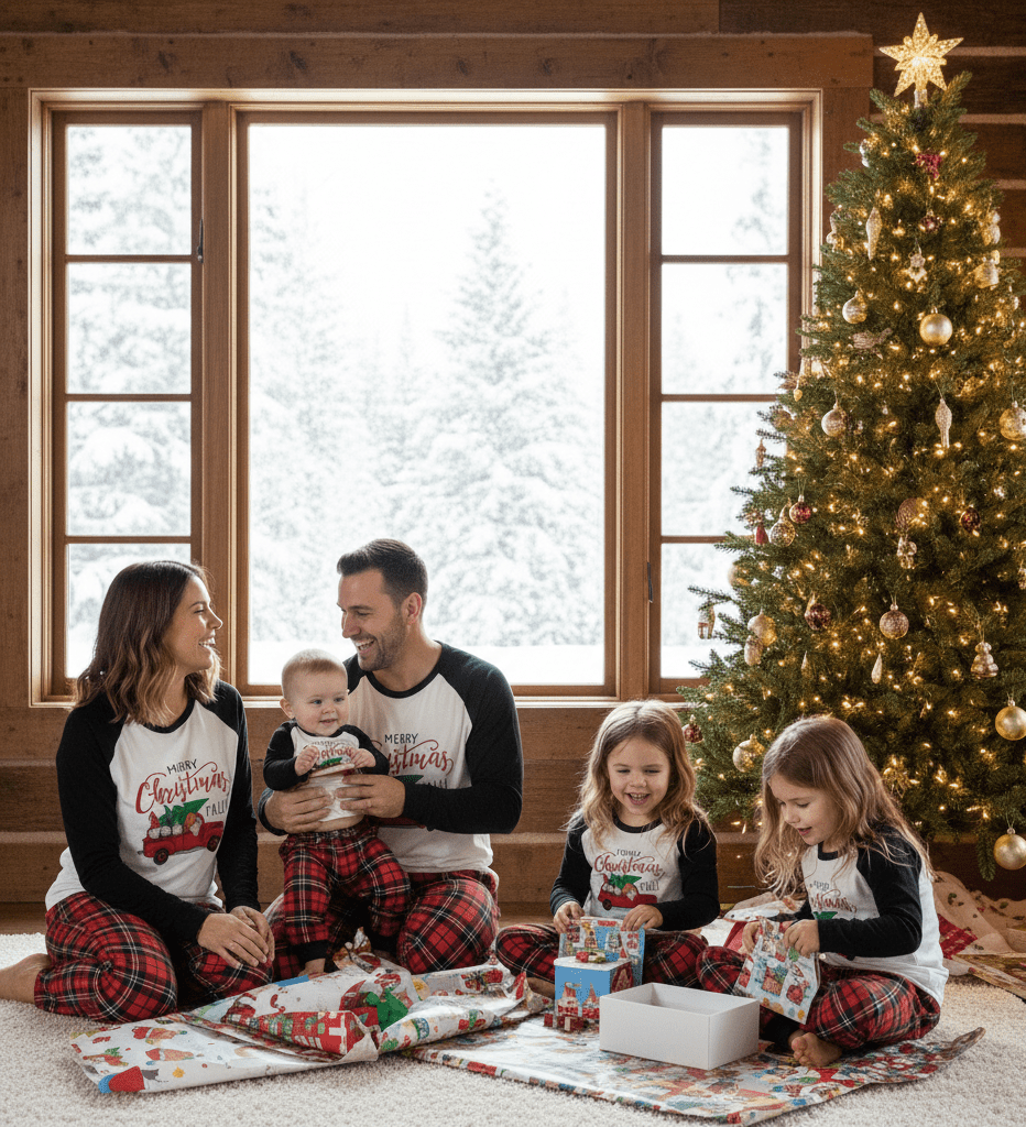 Matching family Christmas pajamas with red truck graphic raglan top and red plaid pants - view 4