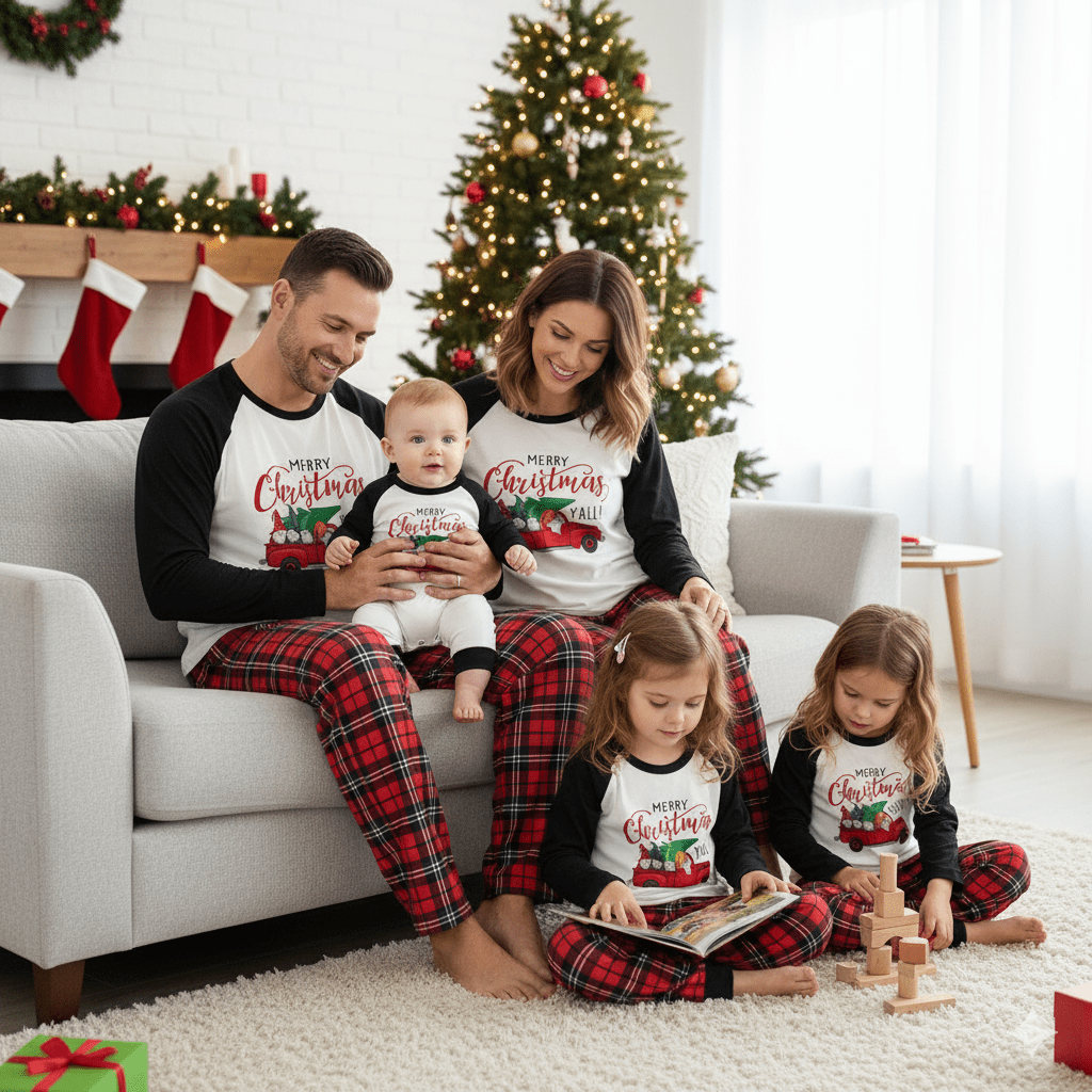 Matching family Christmas pajamas with red truck graphic raglan top and red plaid pants - view 5