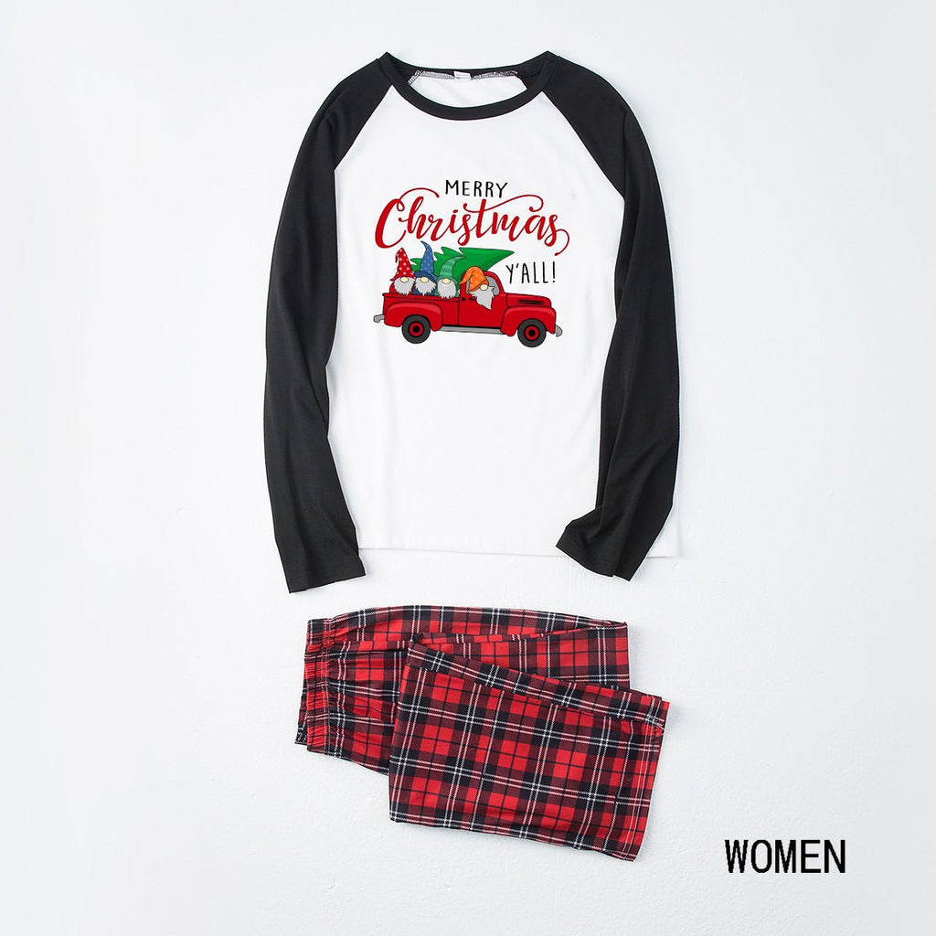 Matching family Christmas pajamas with red truck graphic raglan top and red plaid pants - view 6