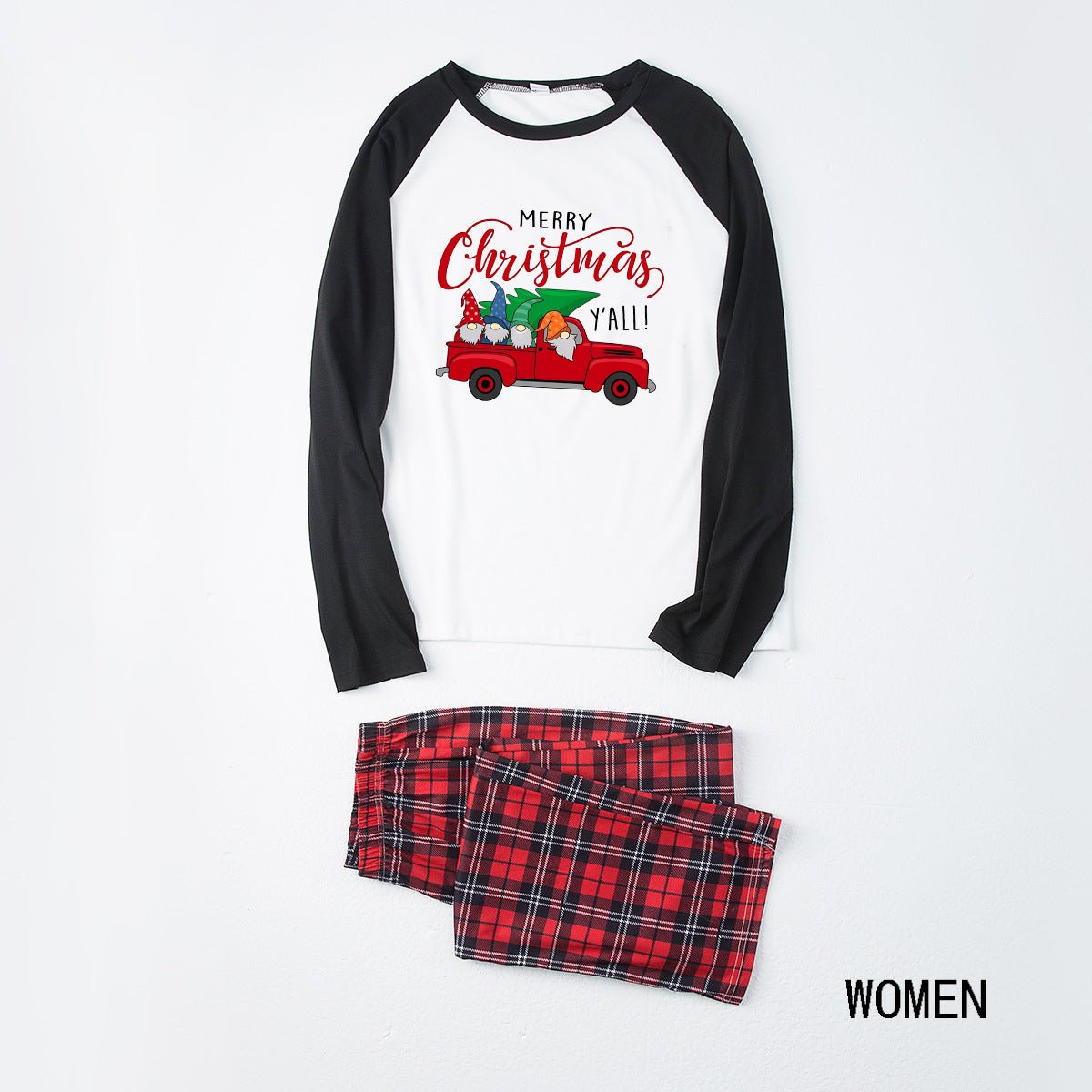 Matching family Christmas pajamas with red truck graphic raglan top and red plaid pants - view 6