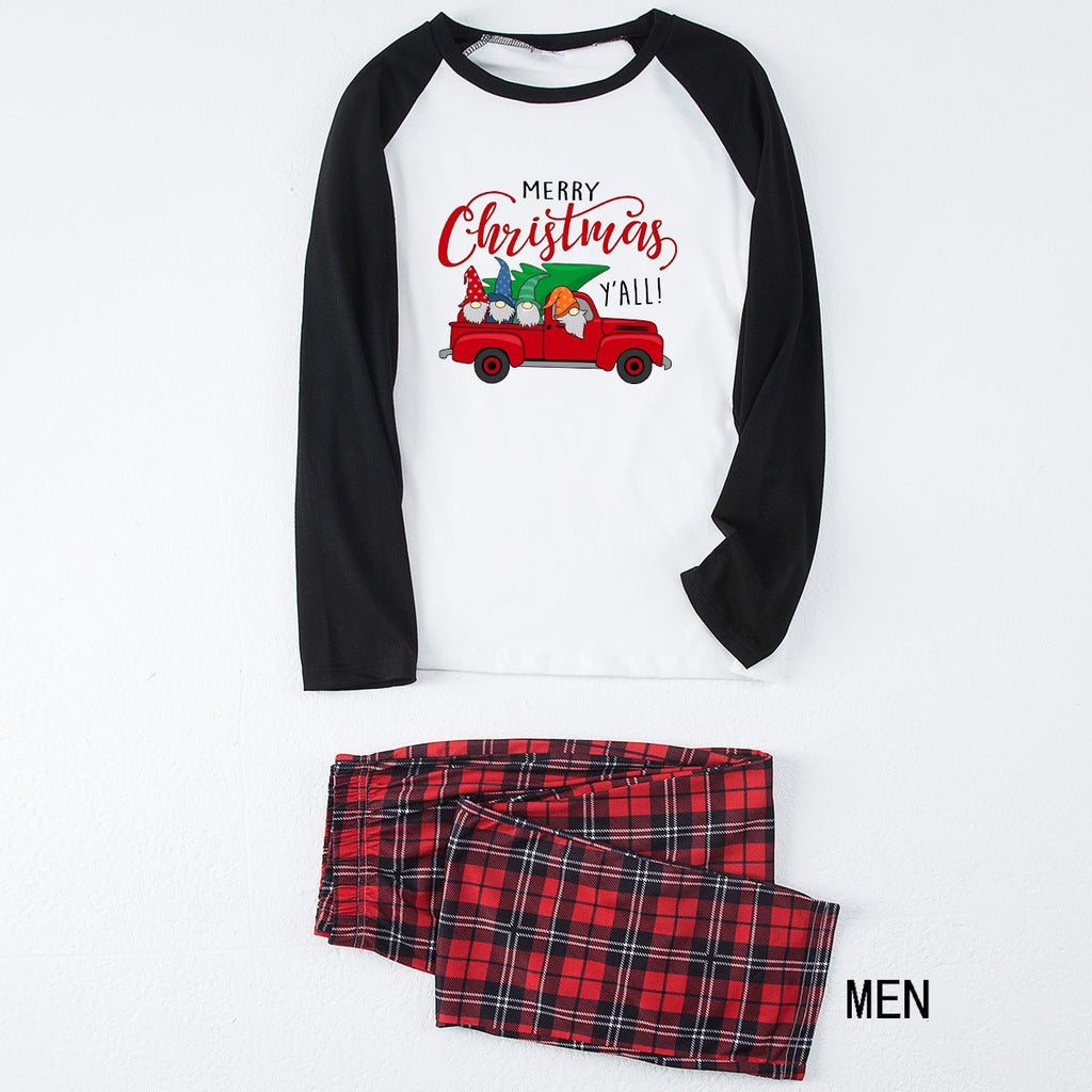 Matching family Christmas pajamas with red truck graphic raglan top and red plaid pants - view 7