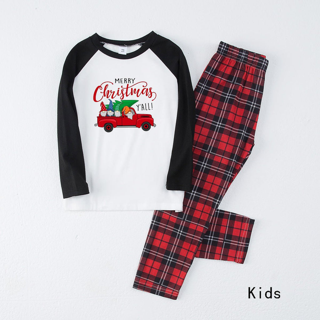 Matching family Christmas pajamas with red truck graphic raglan top and red plaid pants - view 8