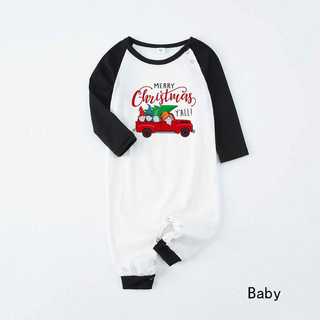 Matching family Christmas pajamas with red truck graphic raglan top and red plaid pants - view 9
