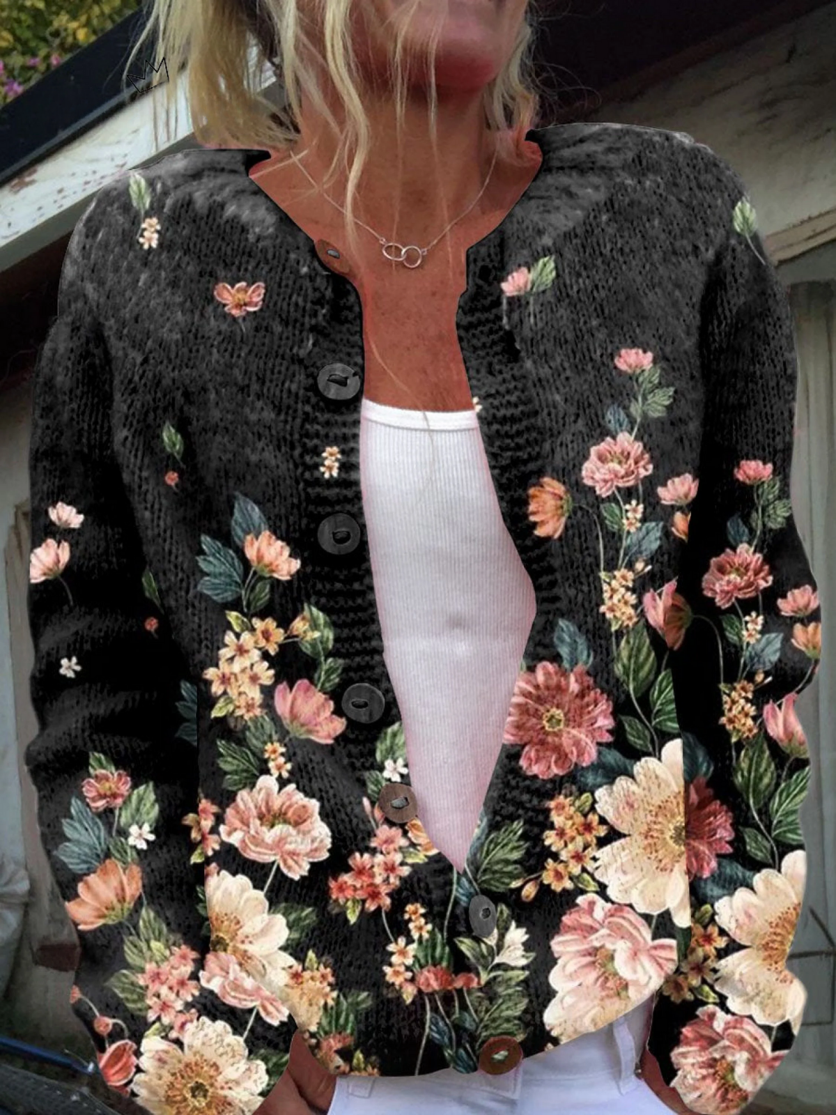 Isla Botanical Floral Button-Front Cardigan - front view