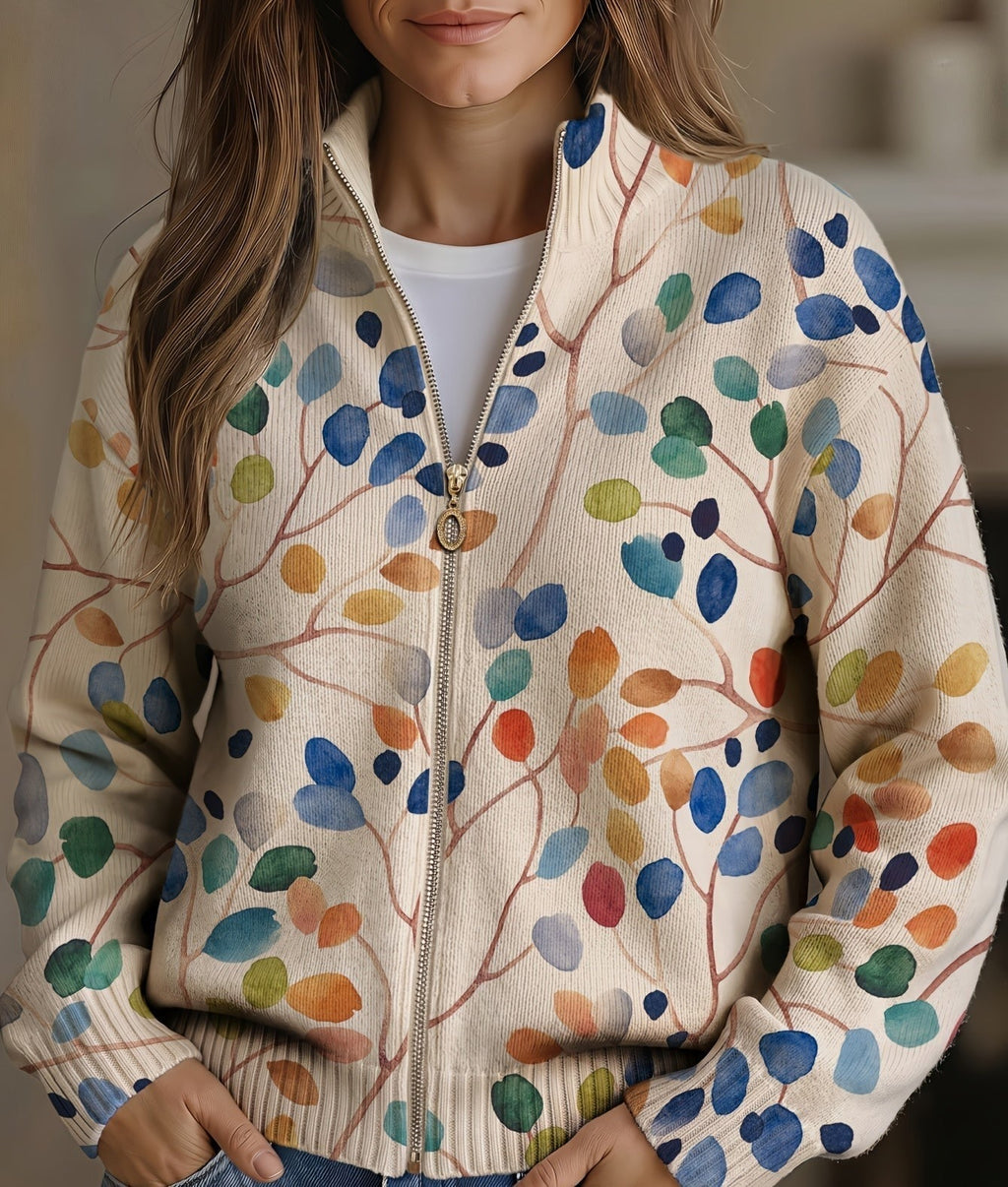 Ivy Botanical Print Zip-Up Cardigan - front view