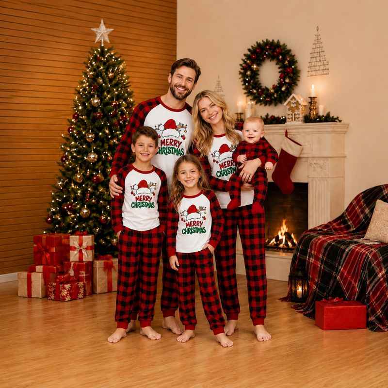 Matching holiday pajamas with Santa hat print raglan top and red buffalo check pants