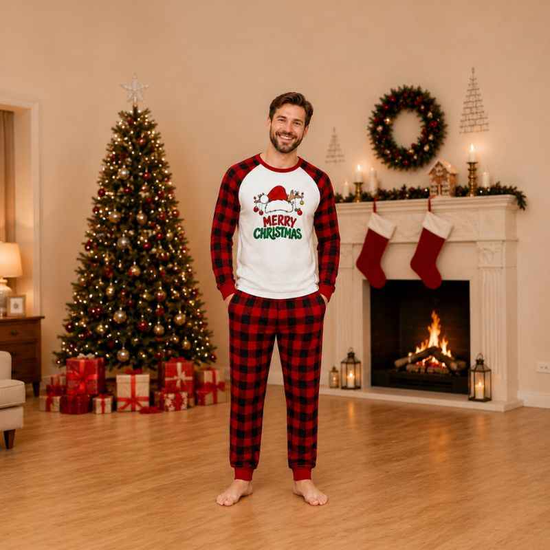 Matching holiday pajamas with Santa hat print raglan top and red buffalo check pants - view 2