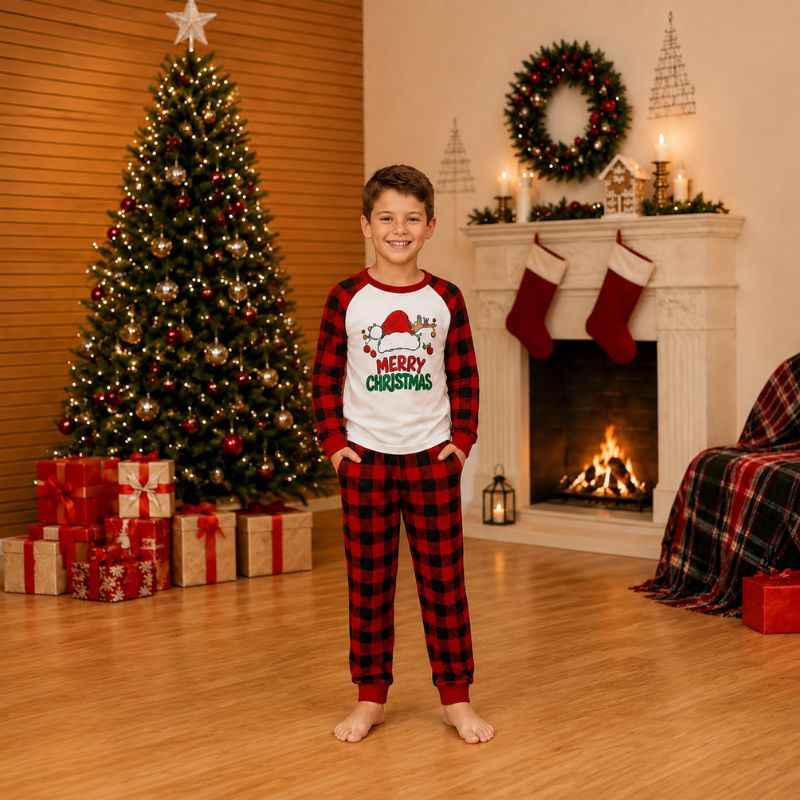 Matching holiday pajamas with Santa hat print raglan top and red buffalo check pants - view 4