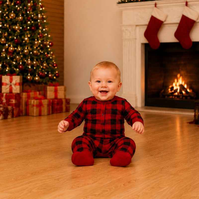 Matching holiday pajamas with Santa hat print raglan top and red buffalo check pants - view 5