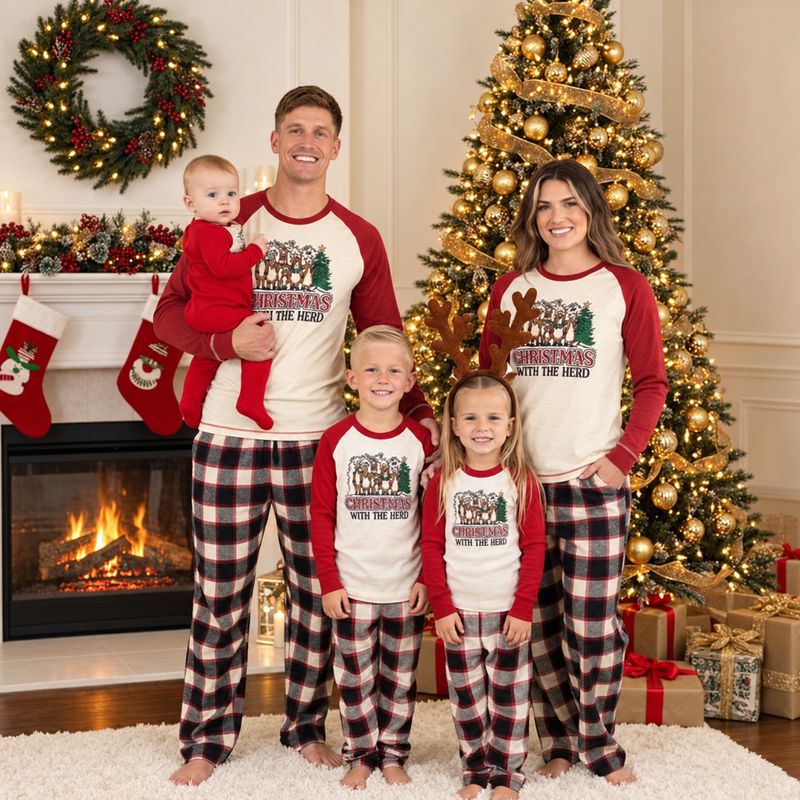 Holiday pajama set with reindeer raglan tee and black red cream plaid pants
