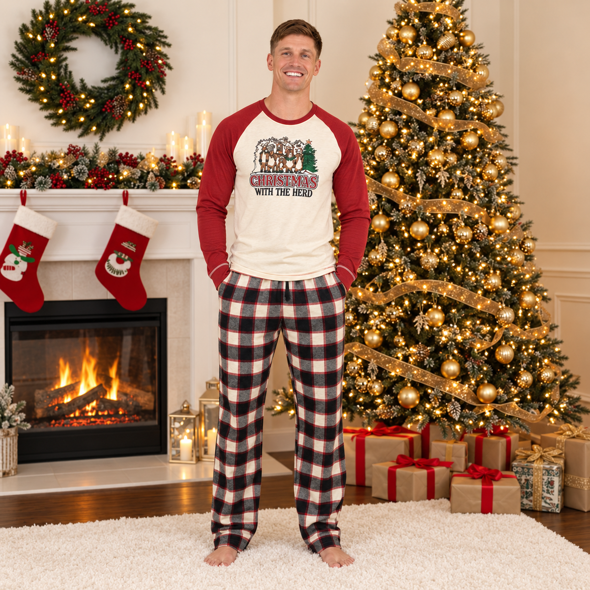 Holiday pajama set with reindeer raglan tee and black red cream plaid pants - view 2