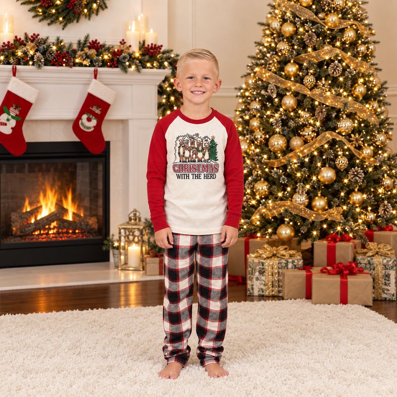Holiday pajama set with reindeer raglan tee and black red cream plaid pants - view 4