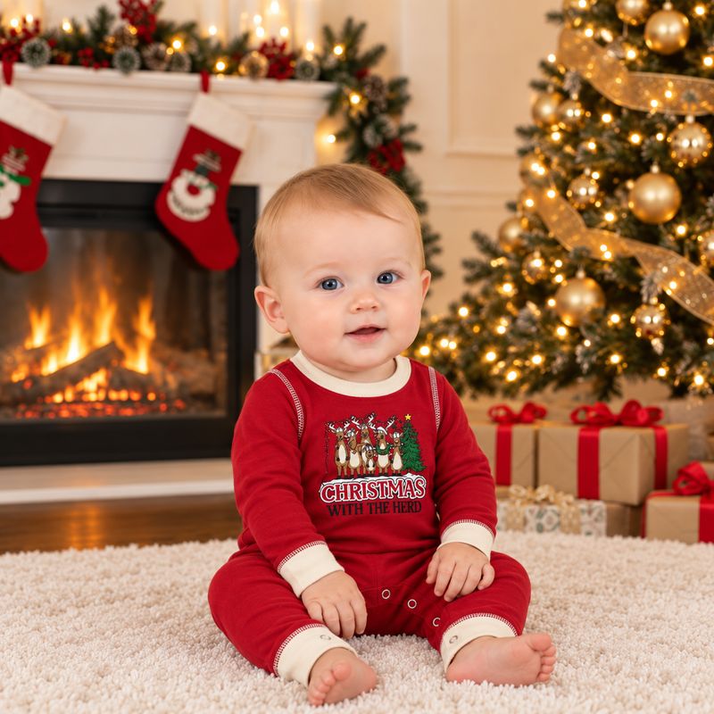 Holiday pajama set with reindeer raglan tee and black red cream plaid pants - view 5
