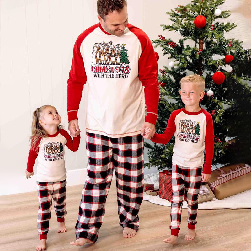 Holiday pajama set with reindeer raglan tee and black red cream plaid pants - view 6