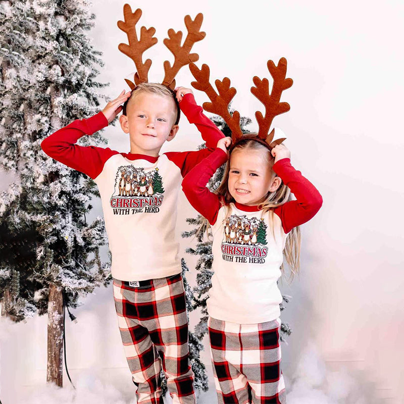 Holiday pajama set with reindeer raglan tee and black red cream plaid pants - view 7