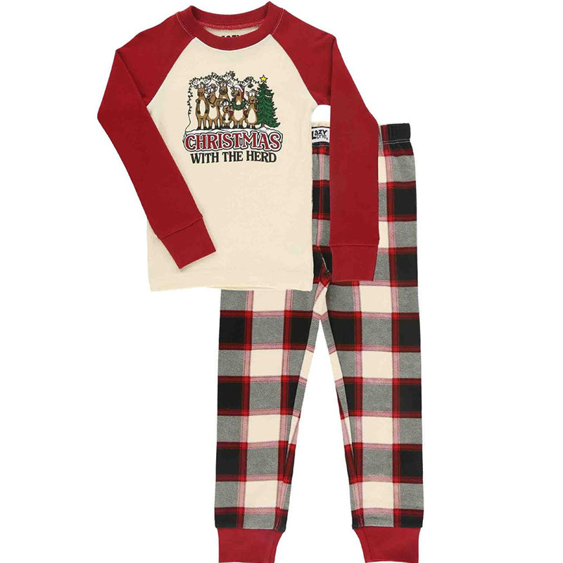 Holiday pajama set with reindeer raglan tee and black red cream plaid pants - view 8