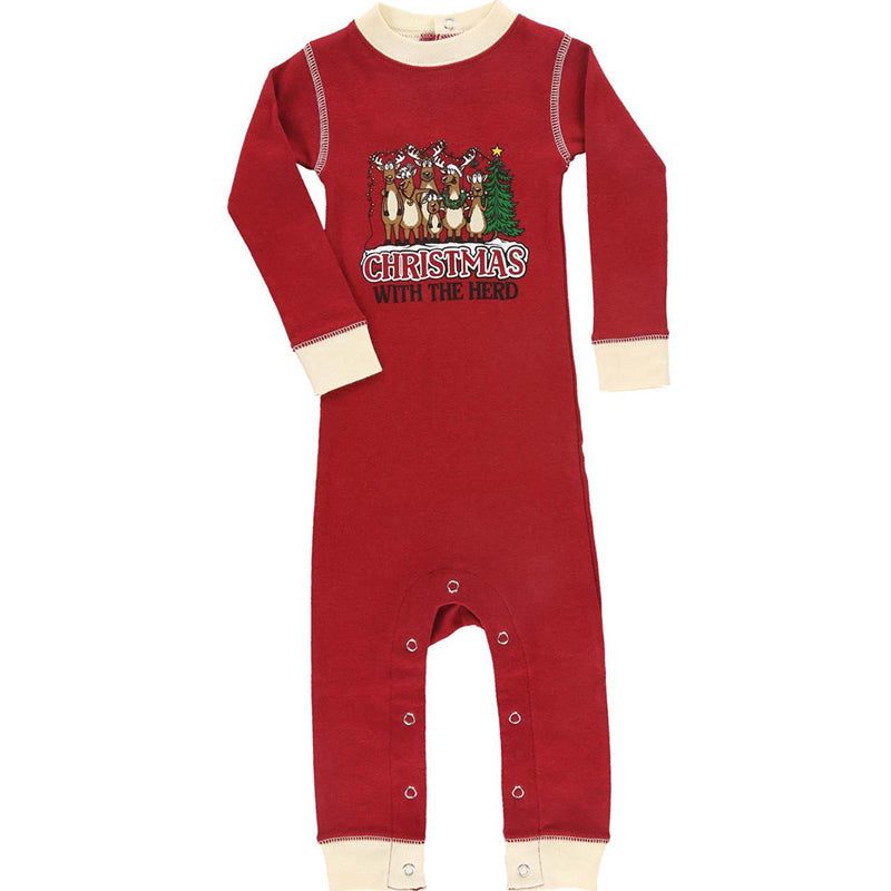 Holiday pajama set with reindeer raglan tee and black red cream plaid pants - view 9