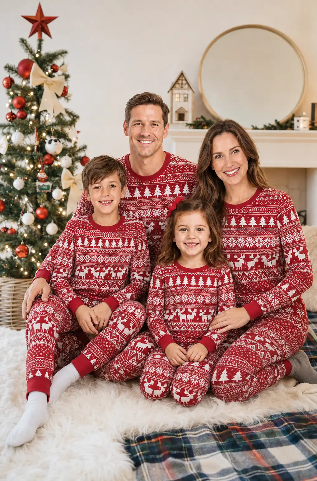 Matching family Christmas pajamas in red and white Fair Isle reindeer print