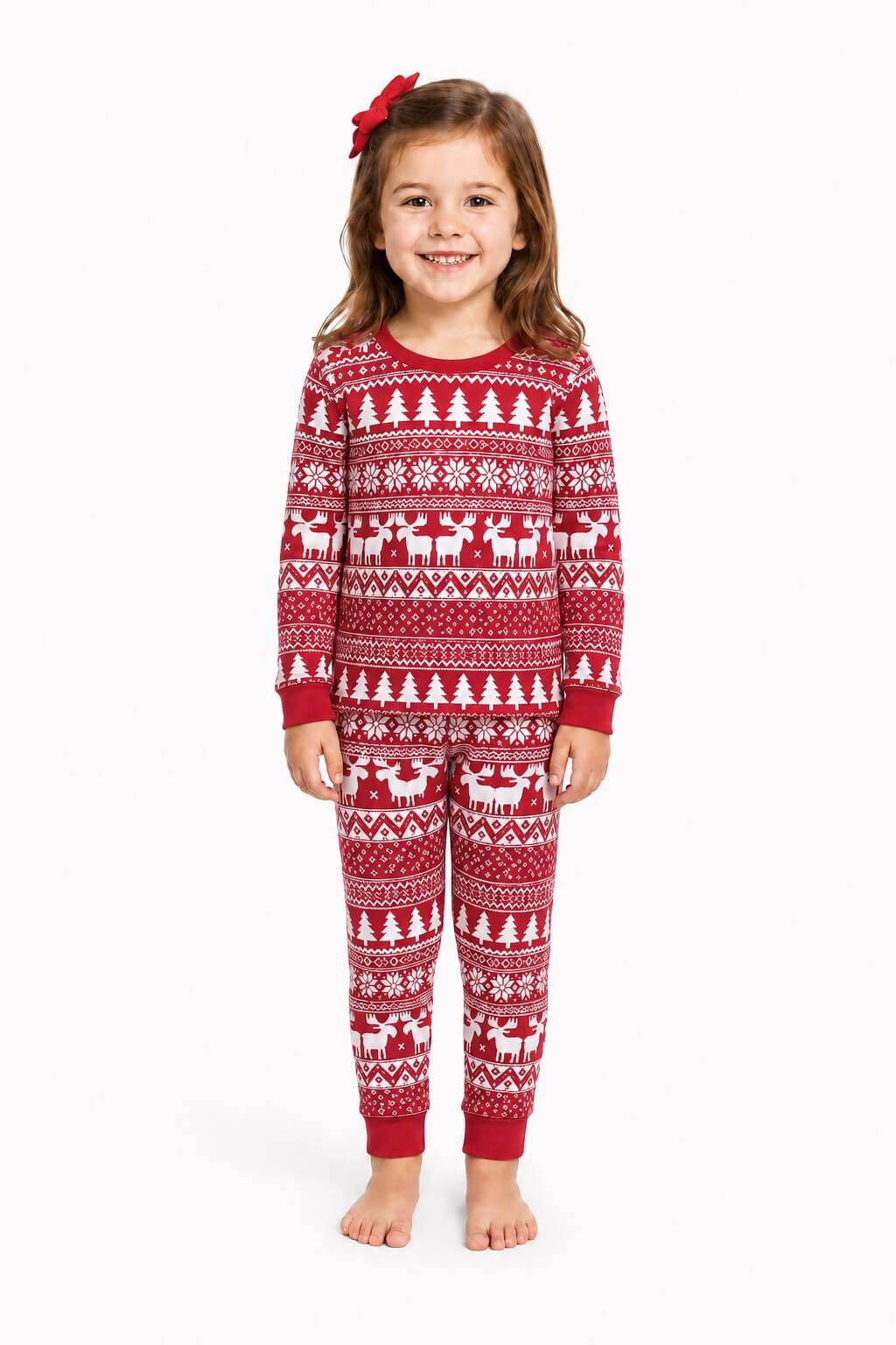 Matching family Christmas pajamas in red and white Fair Isle reindeer print - view 10