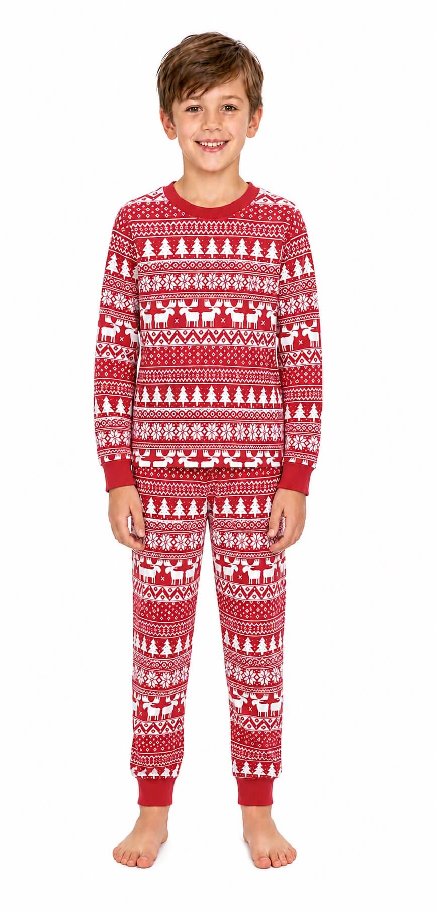 Matching family Christmas pajamas in red and white Fair Isle reindeer print - view 11