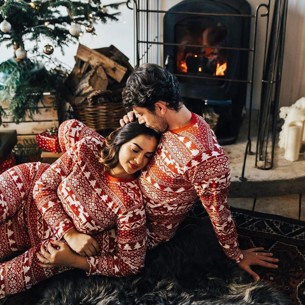 Matching family Christmas pajamas in red and white Fair Isle reindeer print - view 15