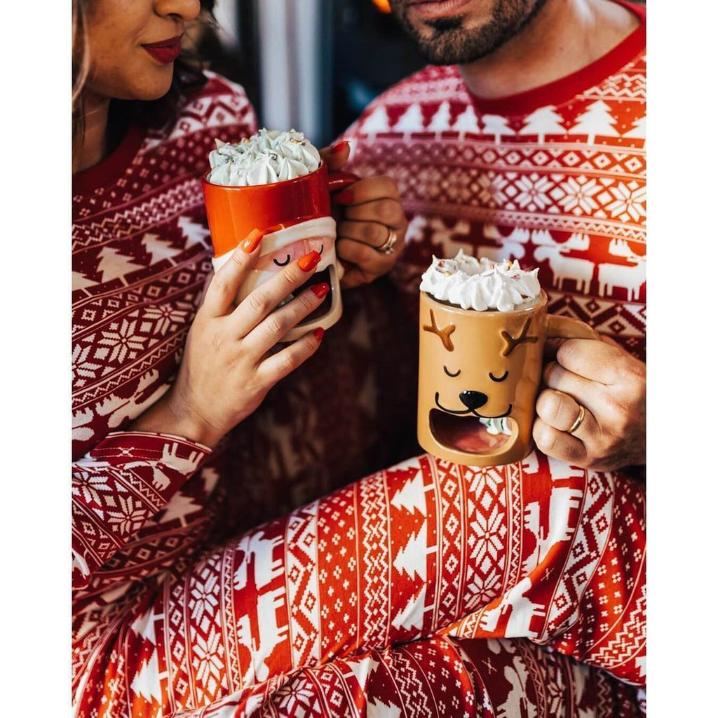 Matching family Christmas pajamas in red and white Fair Isle reindeer print - view 16