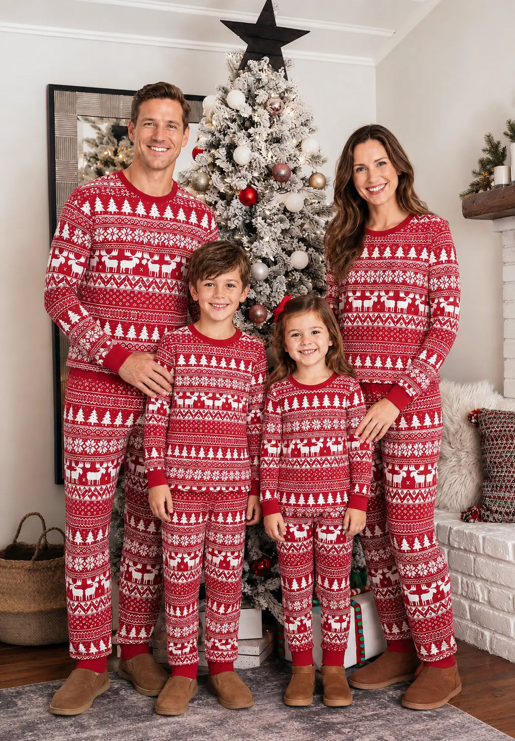 Matching family Christmas pajamas in red and white Fair Isle reindeer print - view 3