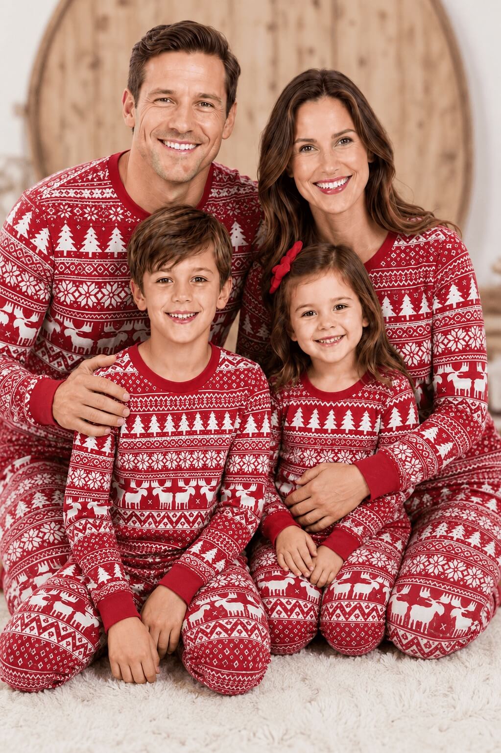 Matching family Christmas pajamas in red and white Fair Isle reindeer print - view 4