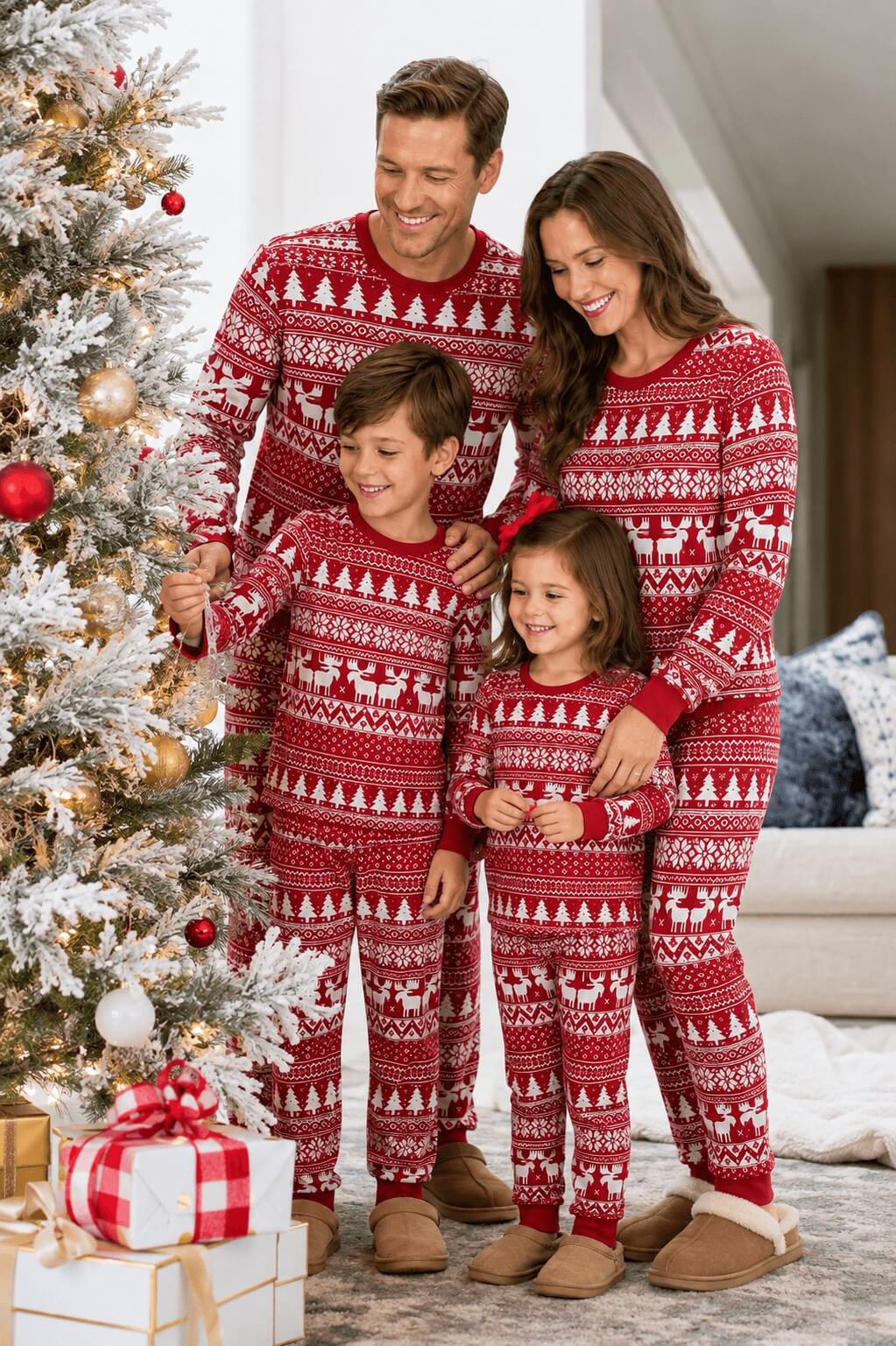 Matching family Christmas pajamas in red and white Fair Isle reindeer print - view 5