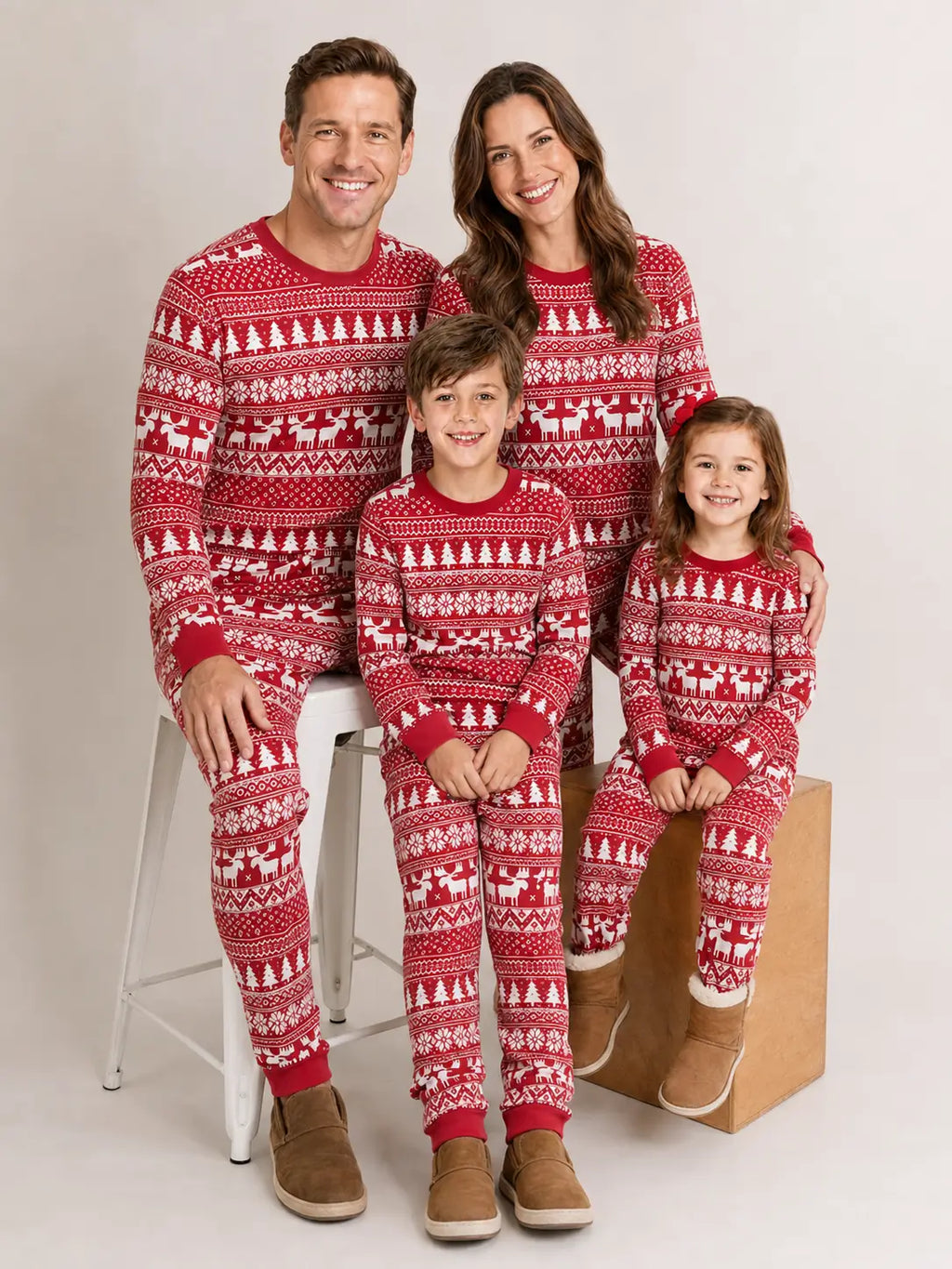 Matching family Christmas pajamas in red and white Fair Isle reindeer print - view 6