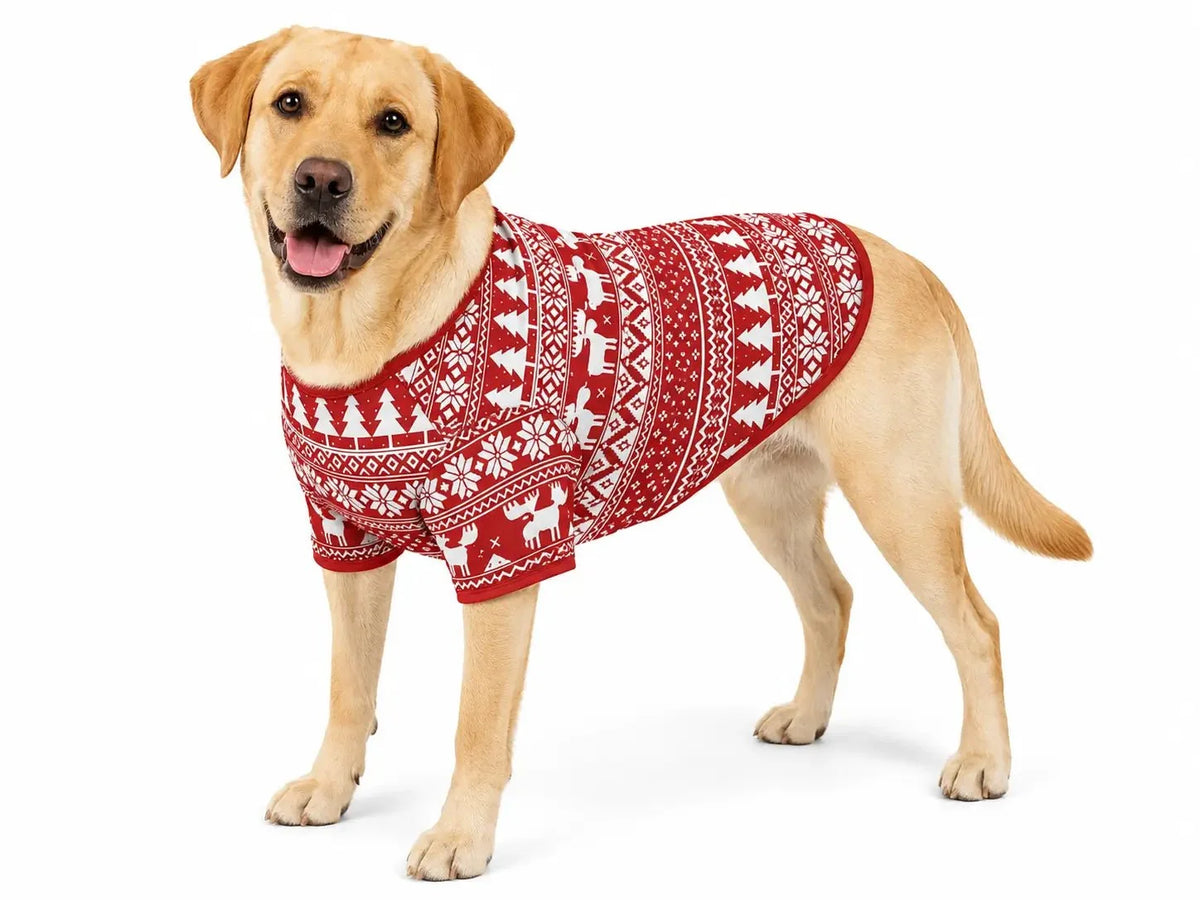 Matching family Christmas pajamas in red and white Fair Isle reindeer print - view 7