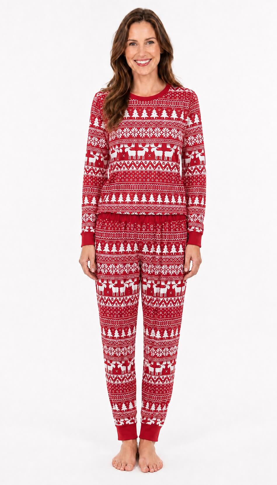 Matching family Christmas pajamas in red and white Fair Isle reindeer print - view 8