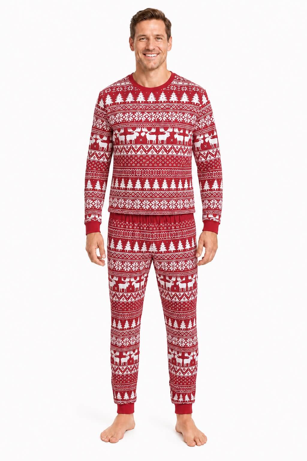 Matching family Christmas pajamas in red and white Fair Isle reindeer print - view 9