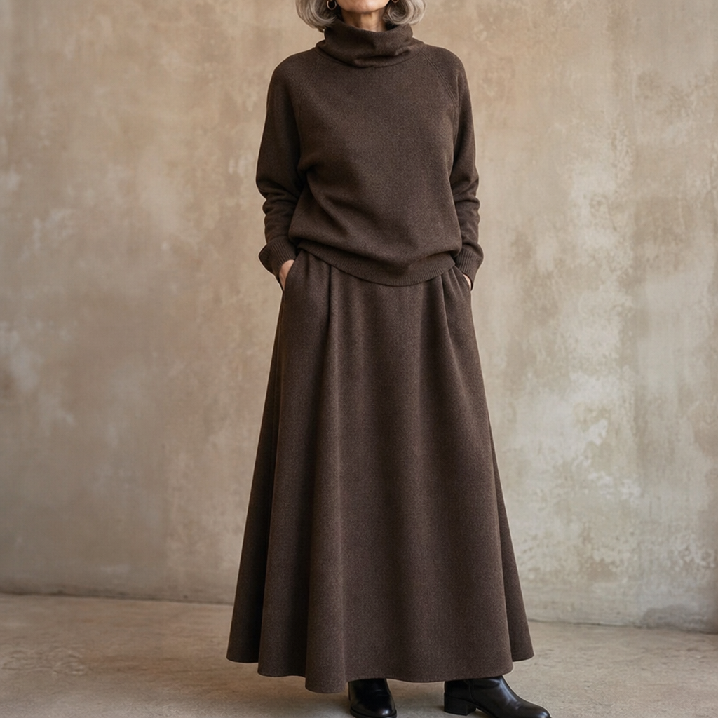 Woman wearing a brown turtleneck sweater and matching maxi skirt set