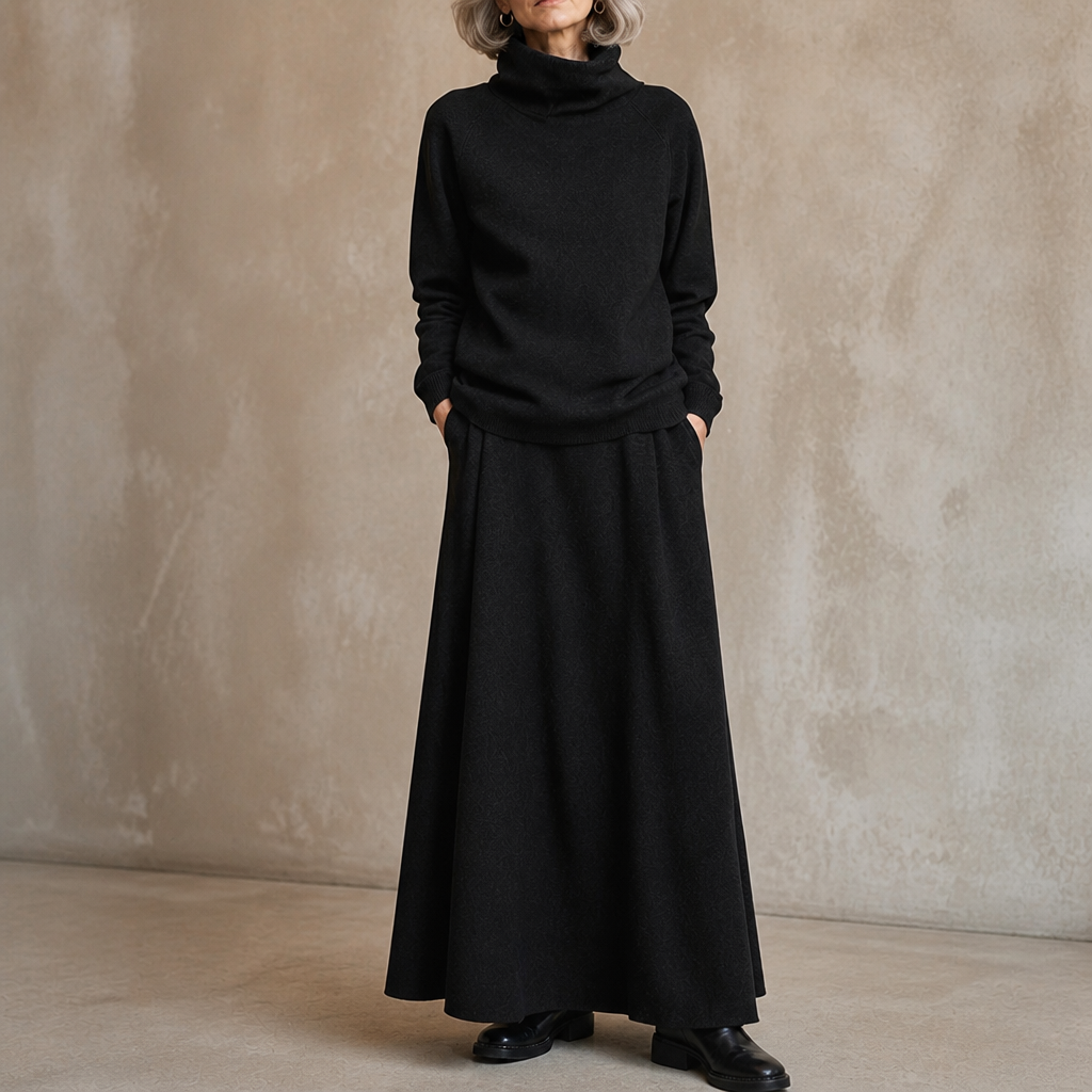 Woman wearing a brown turtleneck sweater and matching maxi skirt set - view 12