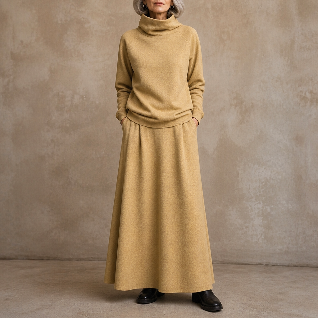 Woman wearing a brown turtleneck sweater and matching maxi skirt set - view 13