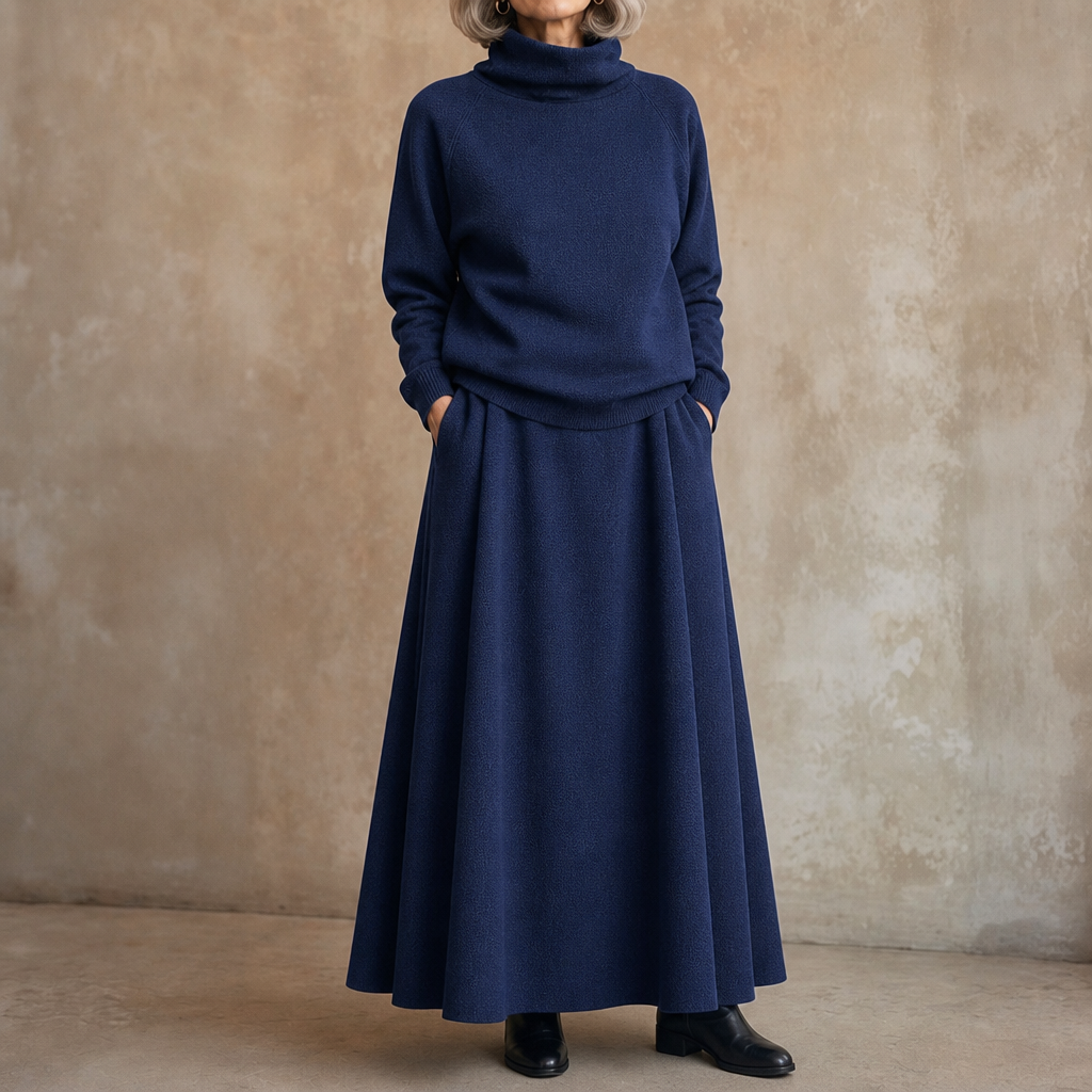 Woman wearing a brown turtleneck sweater and matching maxi skirt set - view 14