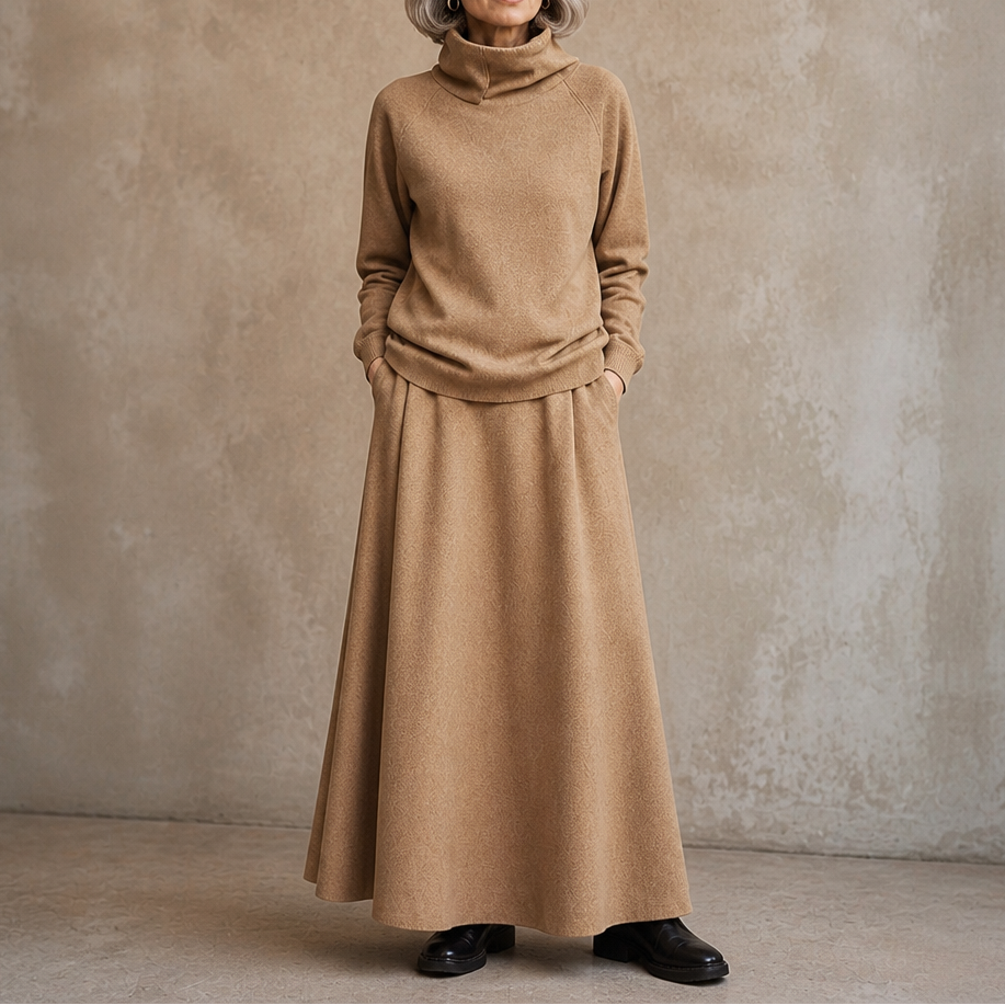 Woman wearing a brown turtleneck sweater and matching maxi skirt set - view 16
