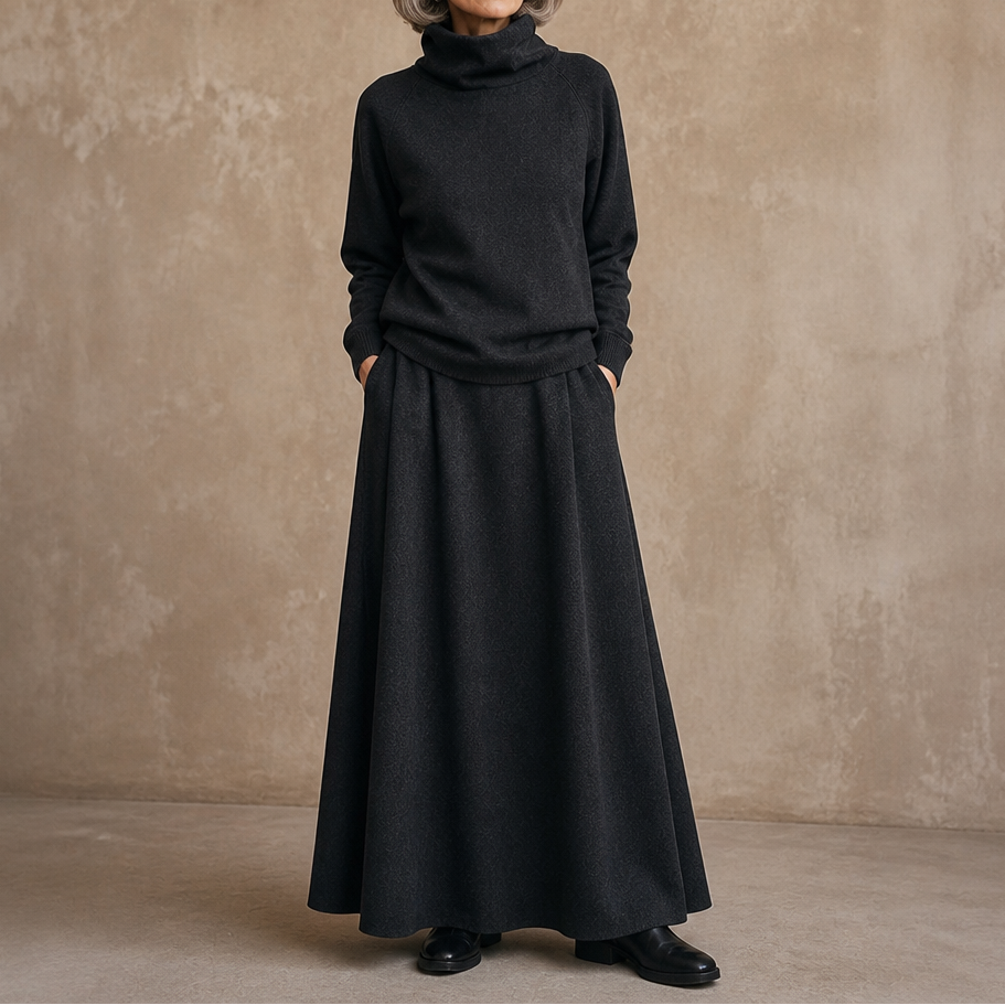 Woman wearing a brown turtleneck sweater and matching maxi skirt set - view 17