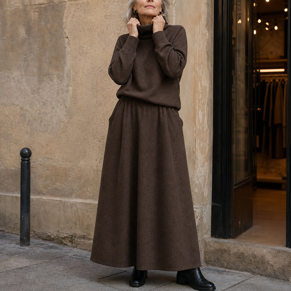 Woman wearing a brown turtleneck sweater and matching maxi skirt set - view 2