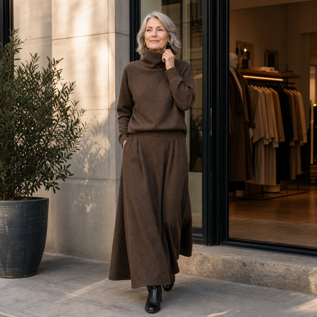 Woman wearing a brown turtleneck sweater and matching maxi skirt set - view 3
