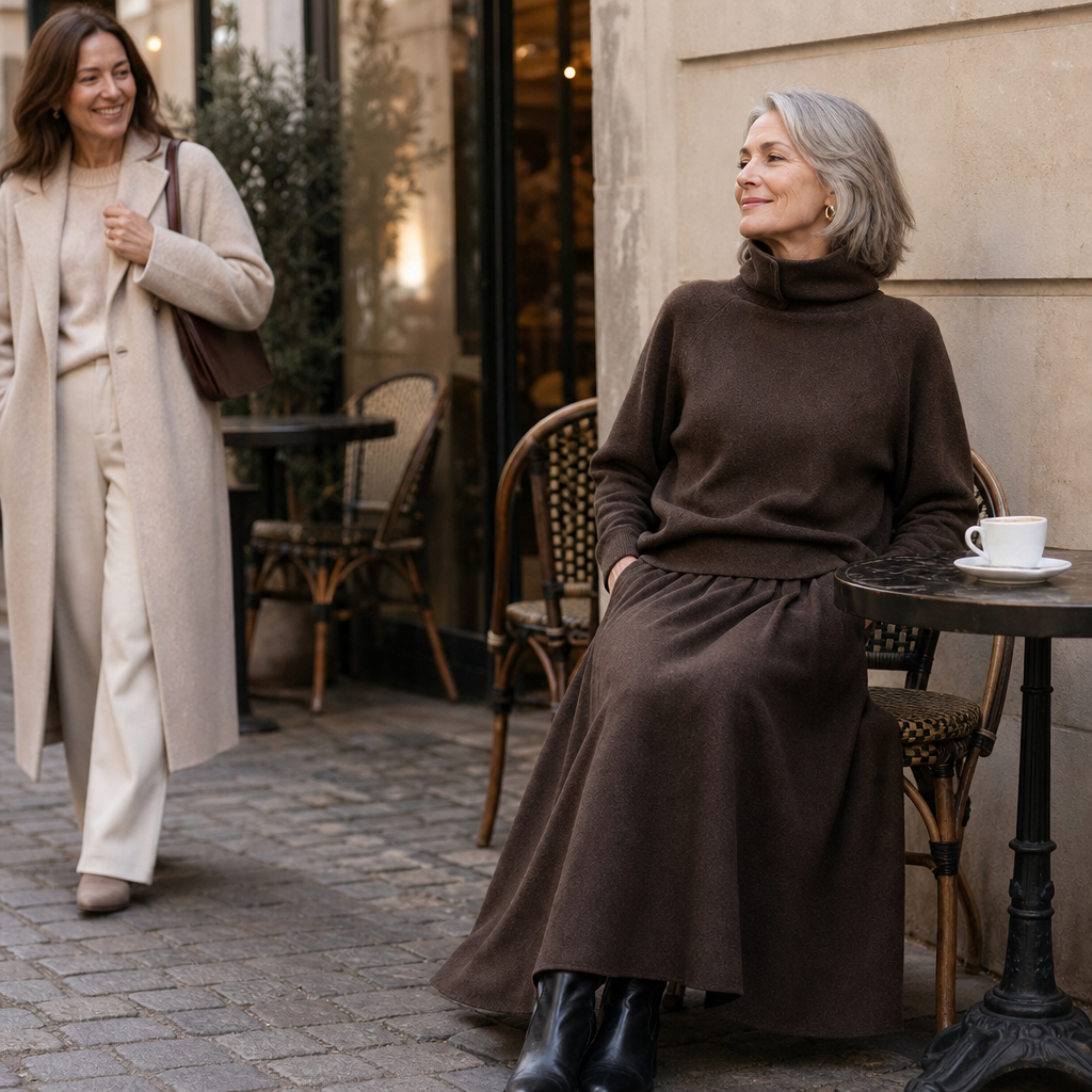 Woman wearing a brown turtleneck sweater and matching maxi skirt set - view 4
