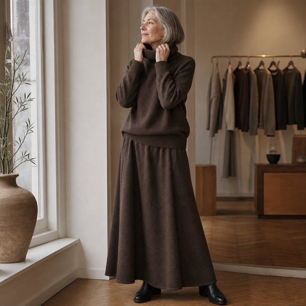 Woman wearing a brown turtleneck sweater and matching maxi skirt set - view 5