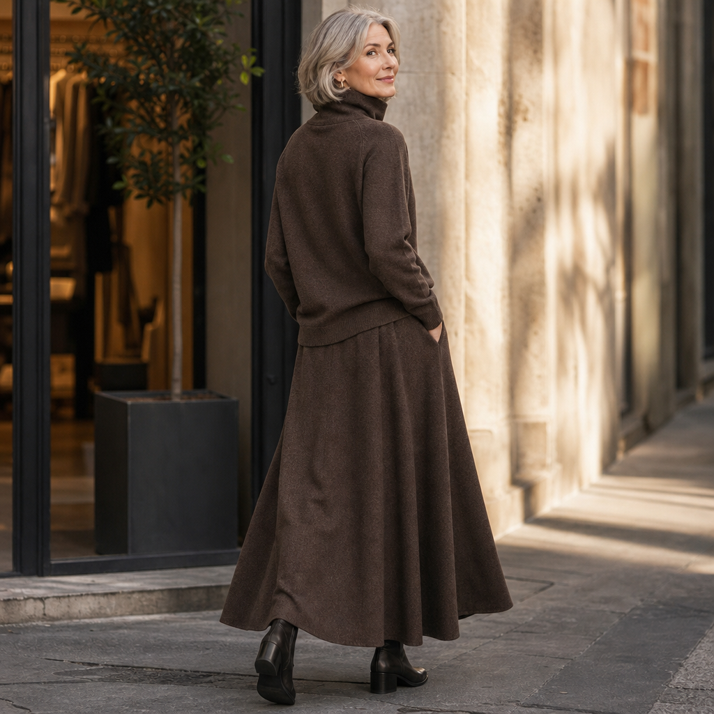 Woman wearing a brown turtleneck sweater and matching maxi skirt set - view 6