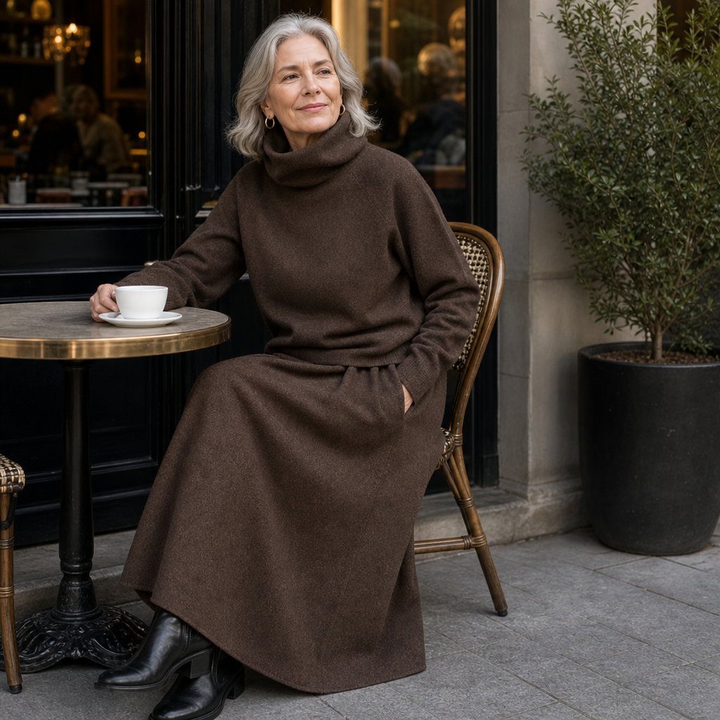 Woman wearing a brown turtleneck sweater and matching maxi skirt set - view 7