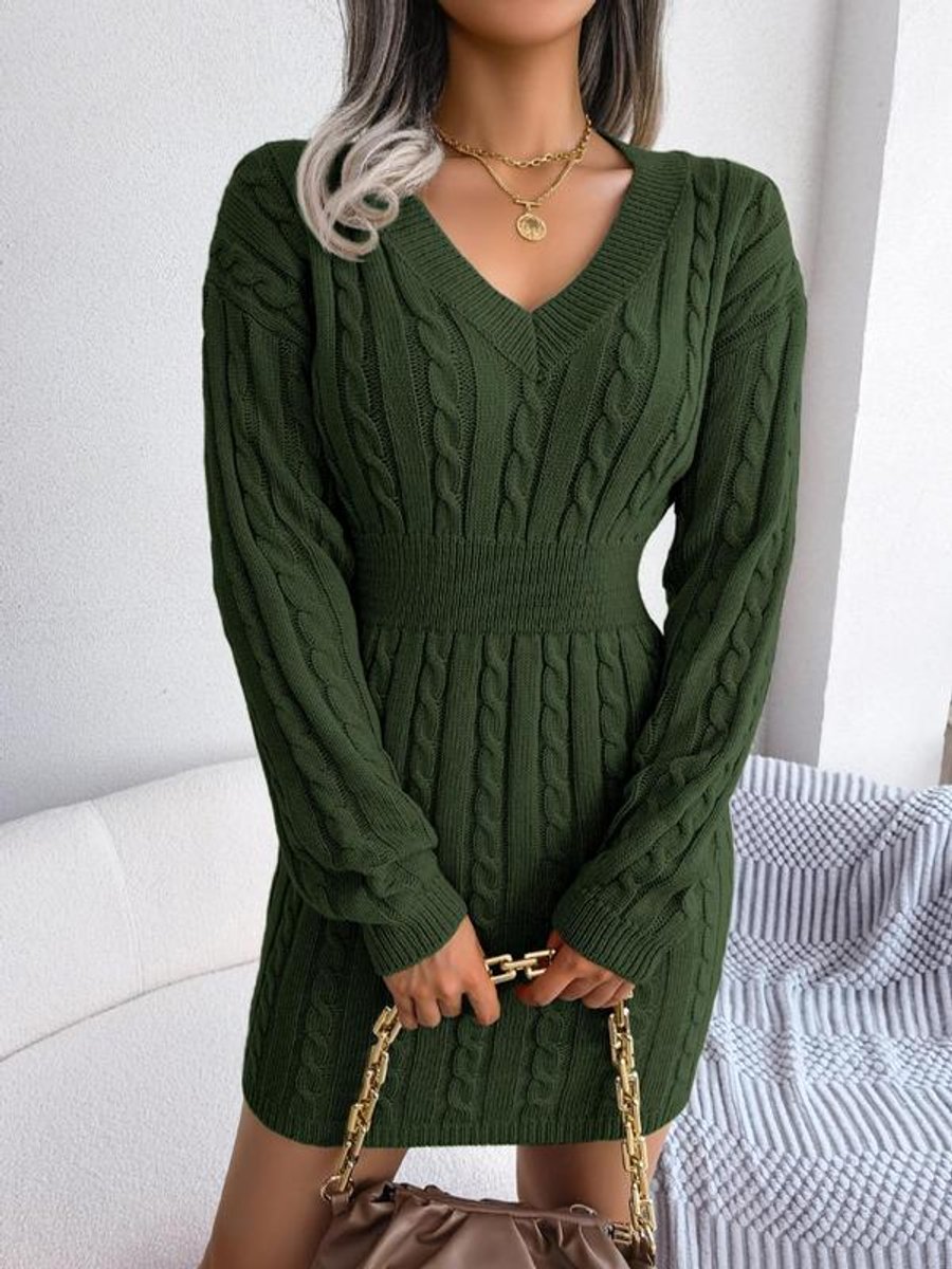 Cable knit V-neck sweater dress with ribbed waistband and long sleeves - view 8