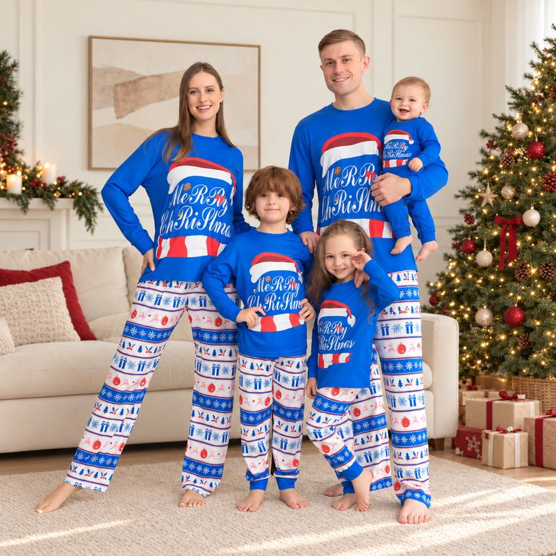 Matching holiday pajama set with blue Merry Christmas top and festive print pants