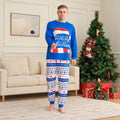 Matching holiday pajama set with blue Merry Christmas top and festive print pants - view 3