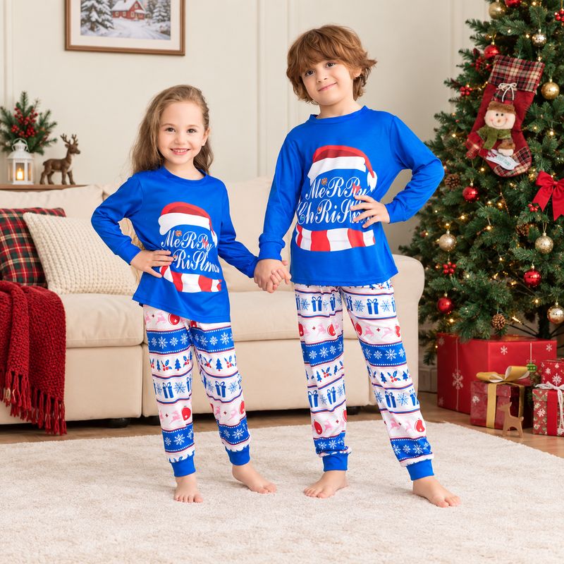 Matching holiday pajama set with blue Merry Christmas top and festive print pants - view 5