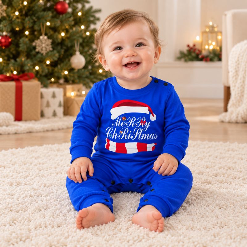Matching holiday pajama set with blue Merry Christmas top and festive print pants - view 6